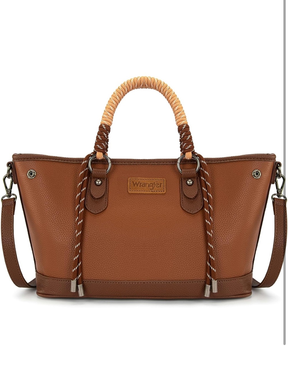 Wrangler Brown Leather Satchel with Braided Rope Handles - Picture 8 of 8